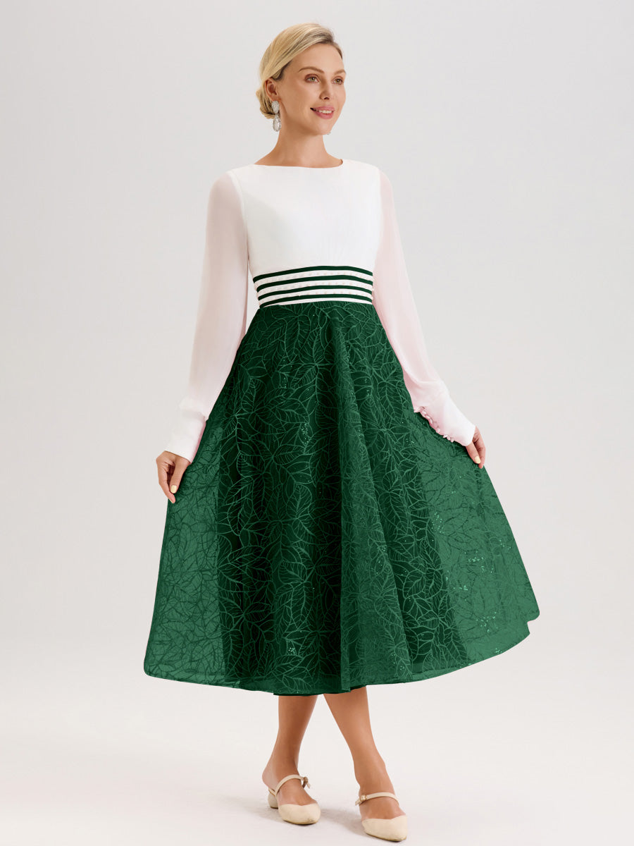 Cicinia Vert Foncé Robe Tendance Mère De La Mariée Col Ras Du Cou Manches Longues À Contraste En Mousseline Et Dentelle Longueur Mi-Mollet