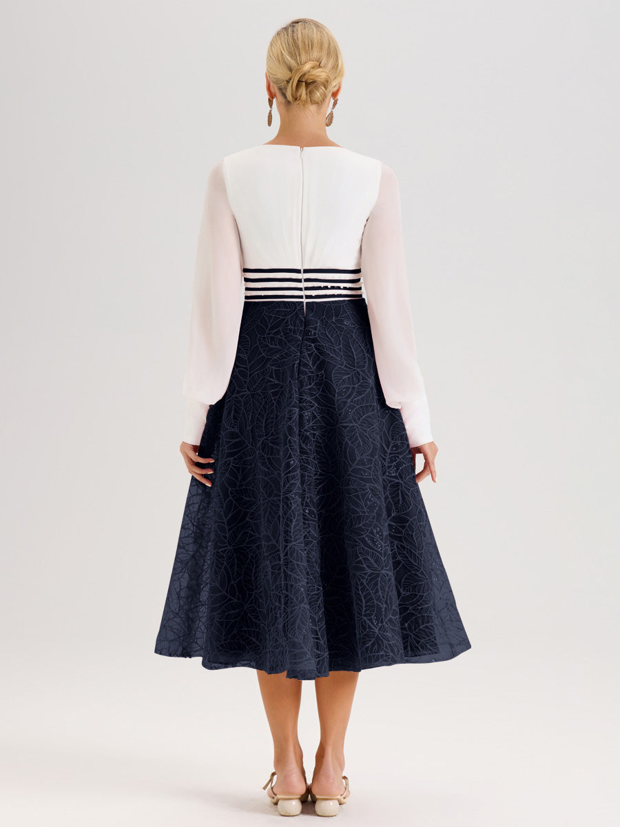 Cicinia Bleu Marine Robe Tendance Mère De La Mariée Col Ras Du Cou Manches Longues À Contraste En Mousseline Et Dentelle Longueur Mi-Mollet