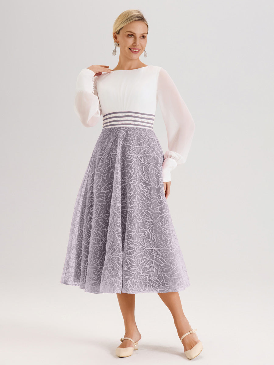 Cicinia Crépuscule Robe Tendance Mère De La Mariée Col Ras Du Cou Manches Longues À Contraste En Mousseline Et Dentelle Longueur Mi-Mollet