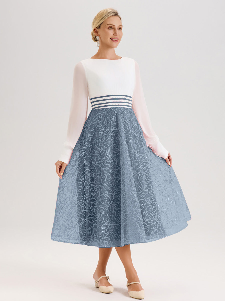 Cicinia Bleu Poudré Robe Tendance Mère De La Mariée Col Ras Du Cou Manches Longues À Contraste En Mousseline Et Dentelle Longueur Mi-Mollet