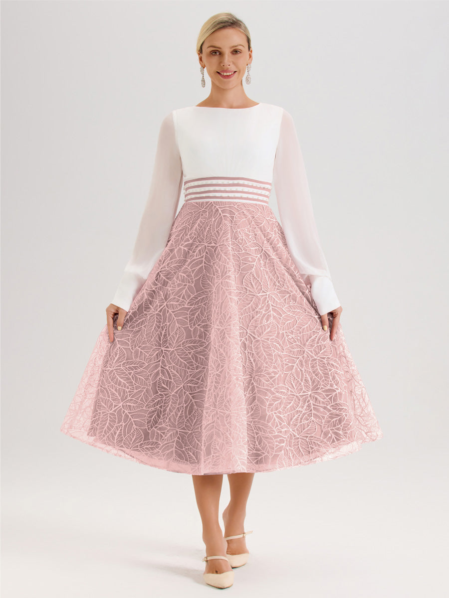 Cicinia Rose Poudré Robe Tendance Mère De La Mariée Col Ras Du Cou Manches Longues À Contraste En Mousseline Et Dentelle Longueur Mi-Mollet