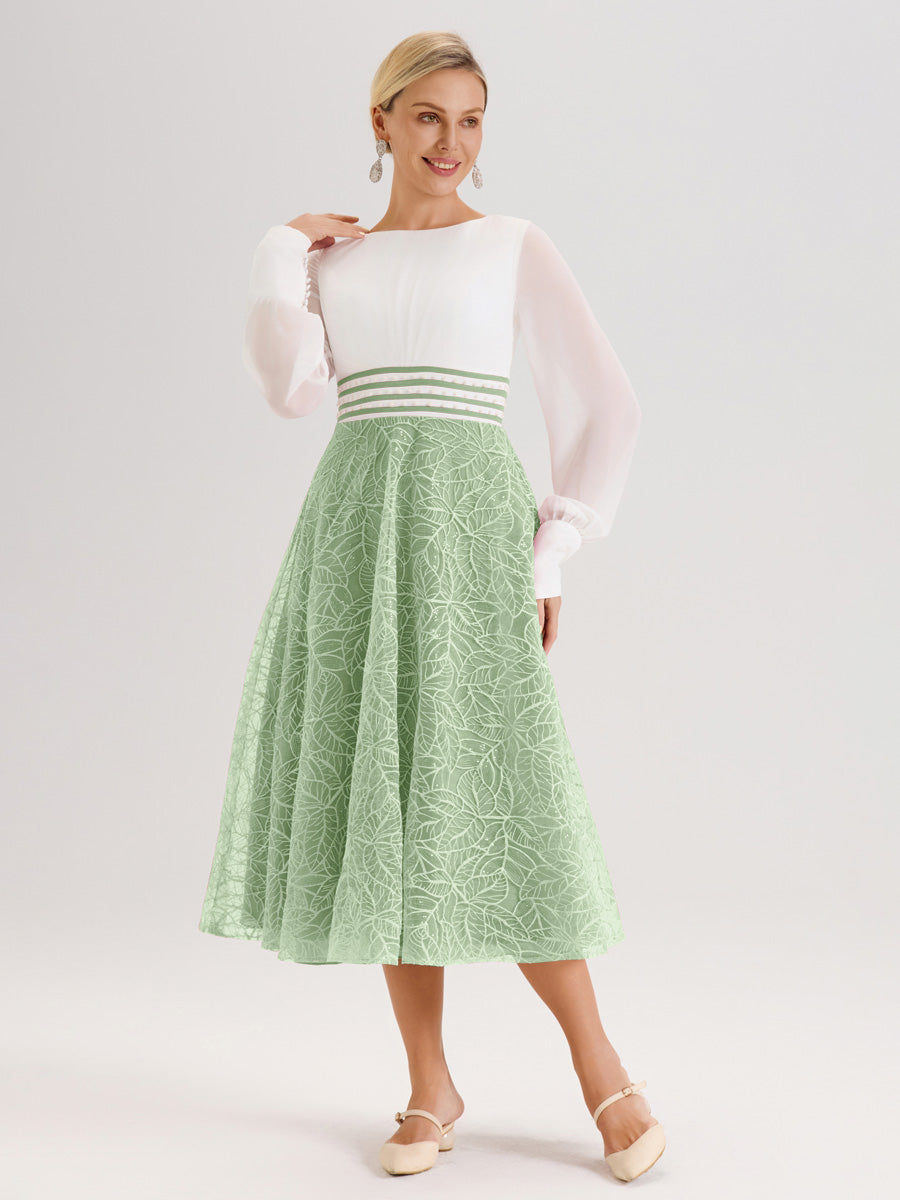 Cicinia Sauge Poudrée Robe Tendance Mère De La Mariée Col Ras Du Cou Manches Longues À Contraste En Mousseline Et Dentelle Longueur Mi-Mollet