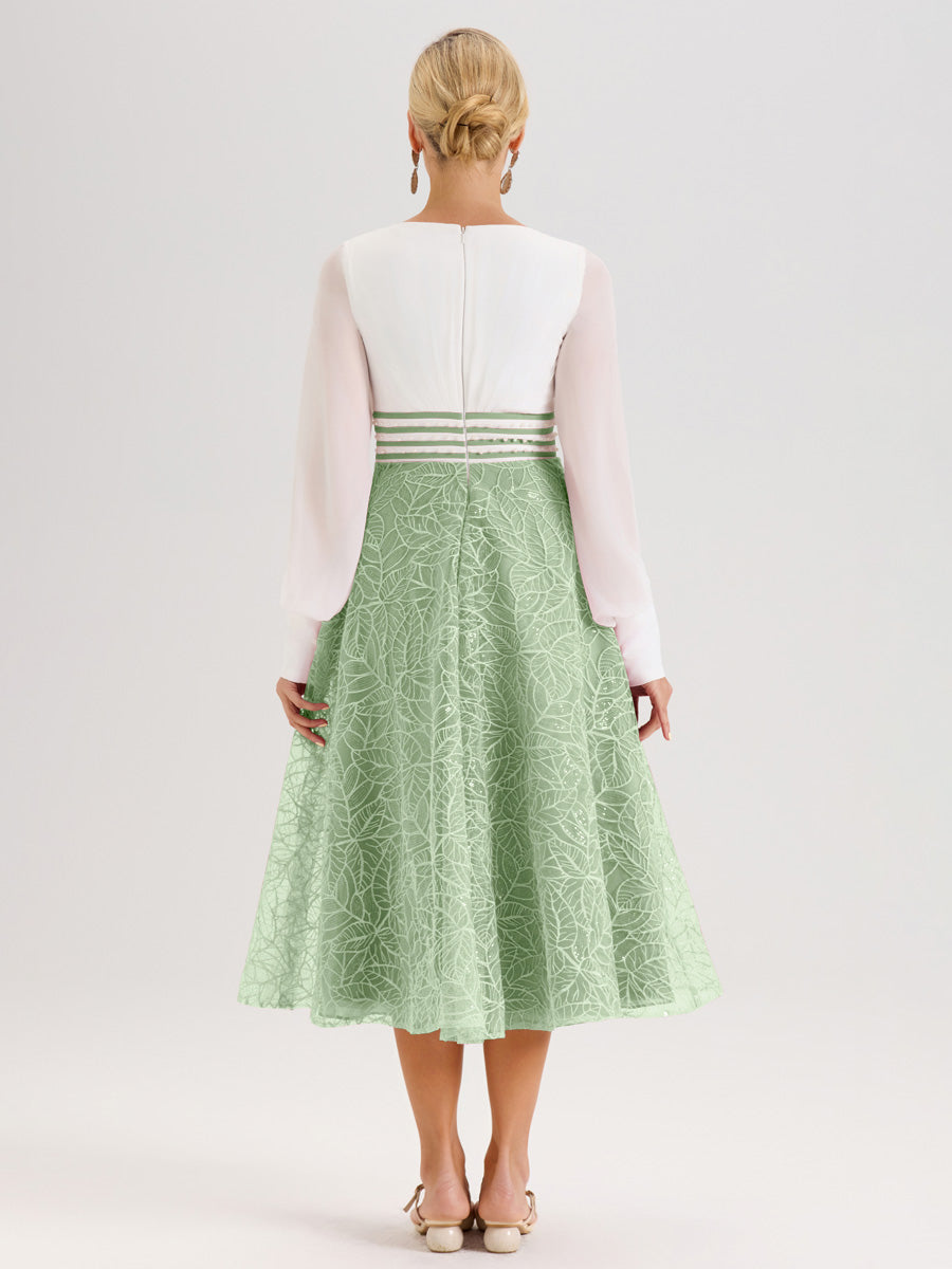 Cicinia Sauge Poudrée Robe Tendance Mère De La Mariée Col Ras Du Cou Manches Longues À Contraste En Mousseline Et Dentelle Longueur Mi-Mollet