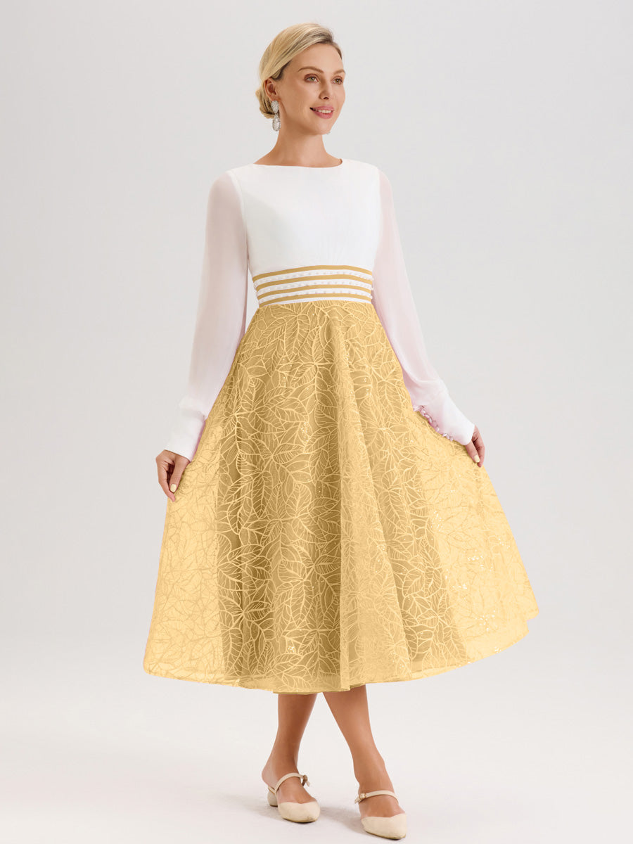 Cicinia Or Robe Tendance Mère De La Mariée Col Ras Du Cou Manches Longues À Contraste En Mousseline Et Dentelle Longueur Mi-Mollet