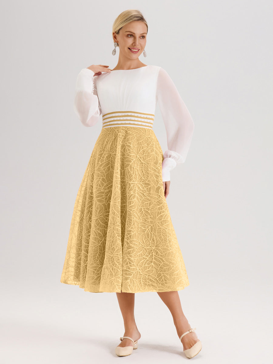 Cicinia Or Robe Tendance Mère De La Mariée Col Ras Du Cou Manches Longues À Contraste En Mousseline Et Dentelle Longueur Mi-Mollet