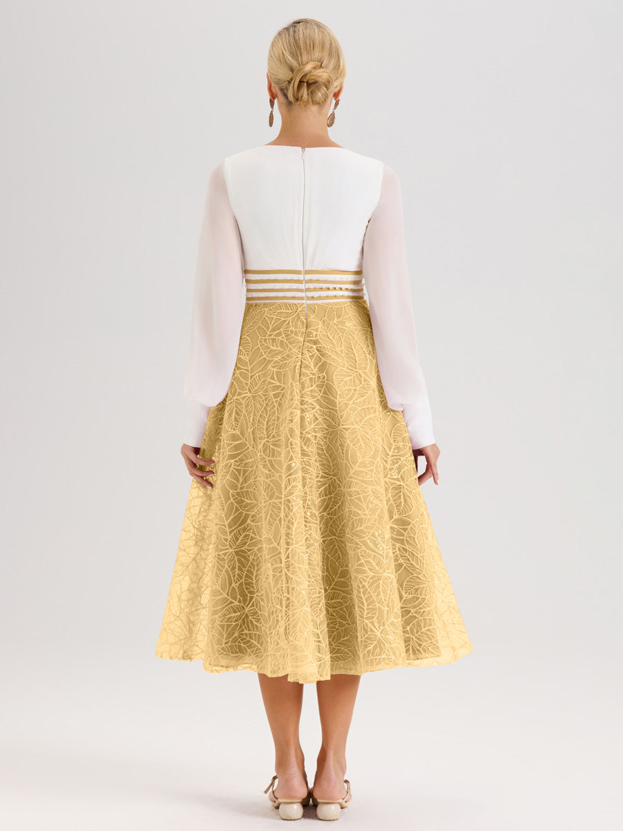 Cicinia Or Robe Tendance Mère De La Mariée Col Ras Du Cou Manches Longues À Contraste En Mousseline Et Dentelle Longueur Mi-Mollet