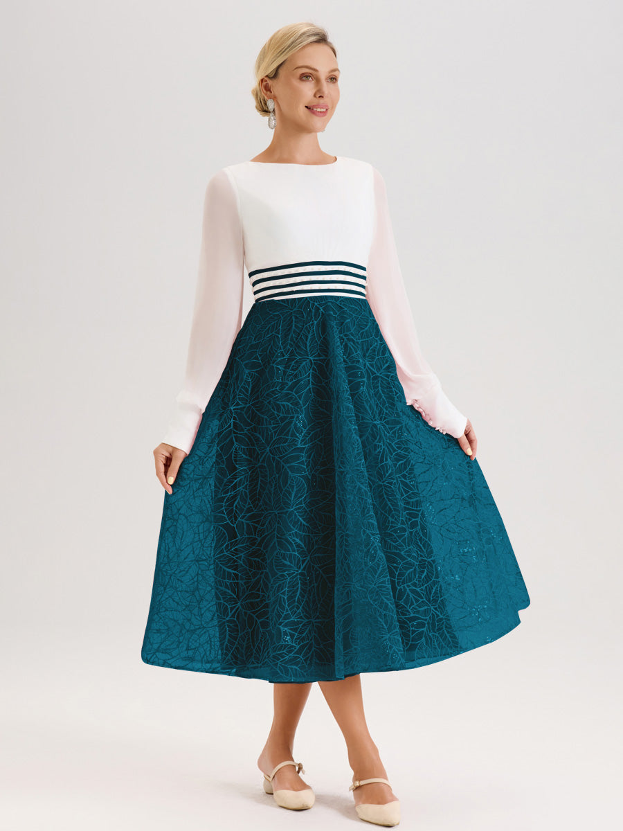 Cicinia Bleu Encre Robe Tendance Mère De La Mariée Col Ras Du Cou Manches Longues À Contraste En Mousseline Et Dentelle Longueur Mi-Mollet