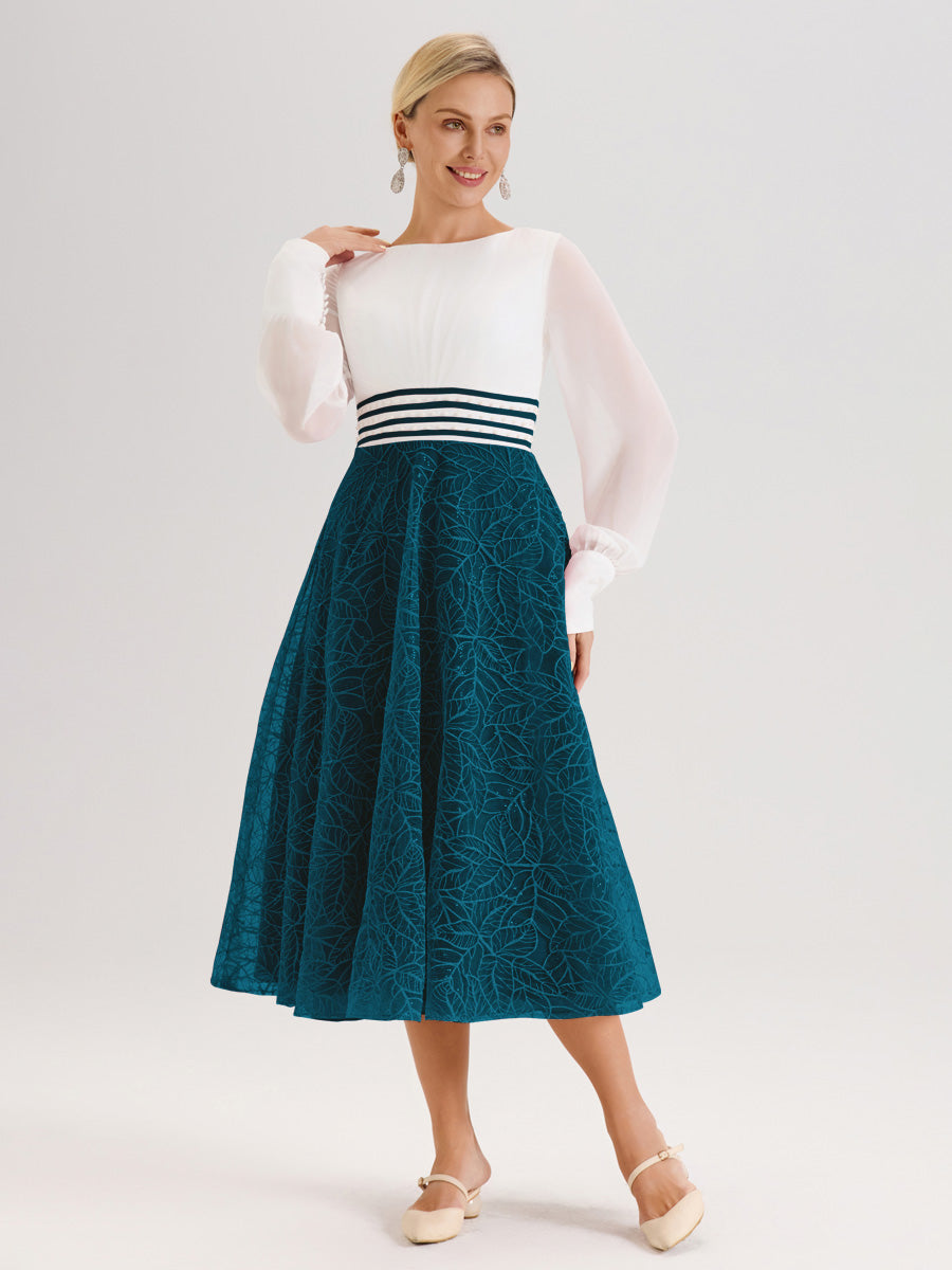 Cicinia Bleu Encre Robe Tendance Mère De La Mariée Col Ras Du Cou Manches Longues À Contraste En Mousseline Et Dentelle Longueur Mi-Mollet
