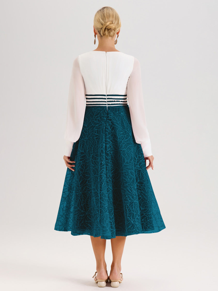 Cicinia Bleu Encre Robe Tendance Mère De La Mariée Col Ras Du Cou Manches Longues À Contraste En Mousseline Et Dentelle Longueur Mi-Mollet