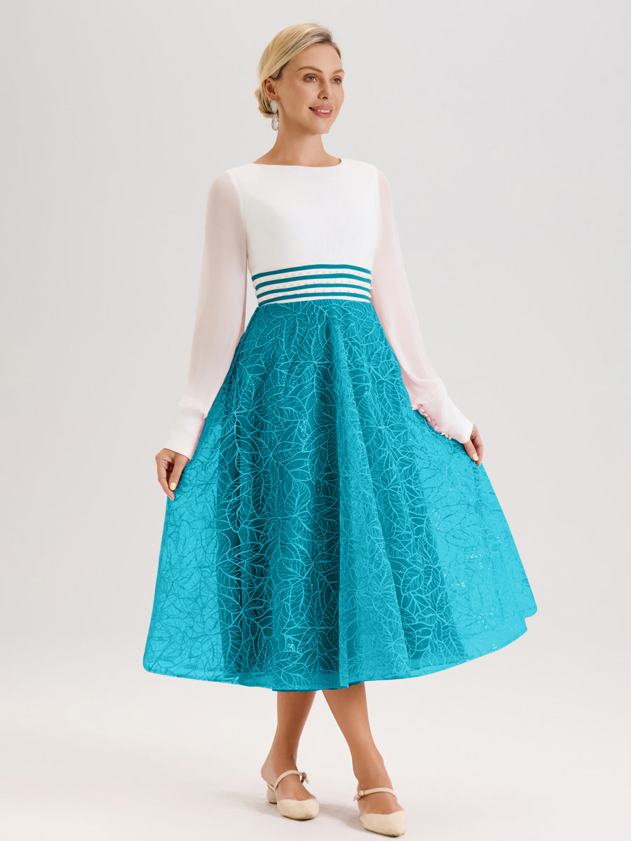Cicinia Jade Robe Tendance Mère De La Mariée Col Ras Du Cou Manches Longues À Contraste En Mousseline Et Dentelle Longueur Mi-Mollet