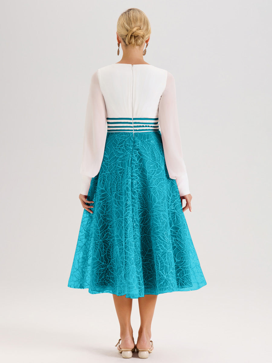 Cicinia Jade Robe Tendance Mère De La Mariée Col Ras Du Cou Manches Longues À Contraste En Mousseline Et Dentelle Longueur Mi-Mollet