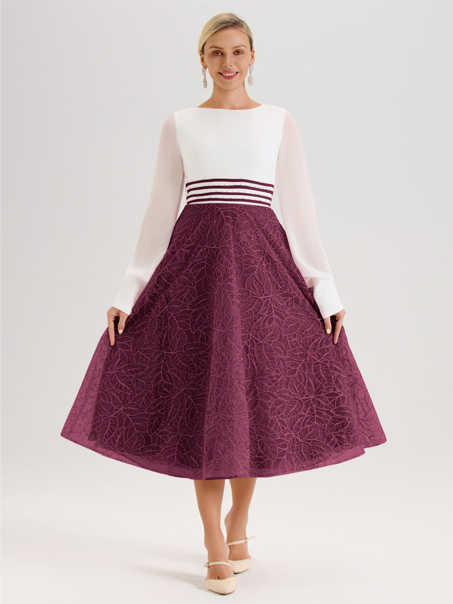 Cicinia Mûre Robe Tendance Mère De La Mariée Col Ras Du Cou Manches Longues À Contraste En Mousseline Et Dentelle Longueur Mi-Mollet