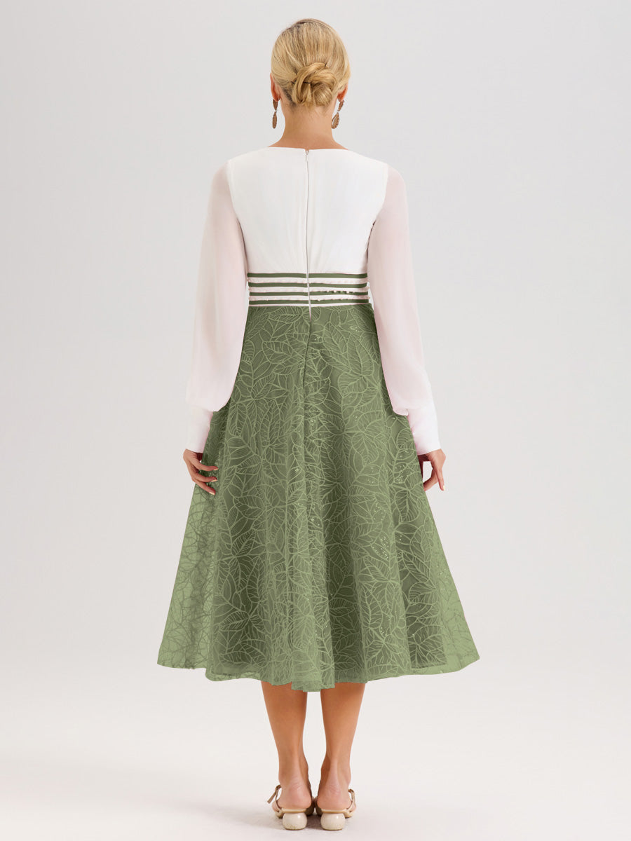 Cicinia Vert Olive Robe Tendance Mère De La Mariée Col Ras Du Cou Manches Longues À Contraste En Mousseline Et Dentelle Longueur Mi-Mollet