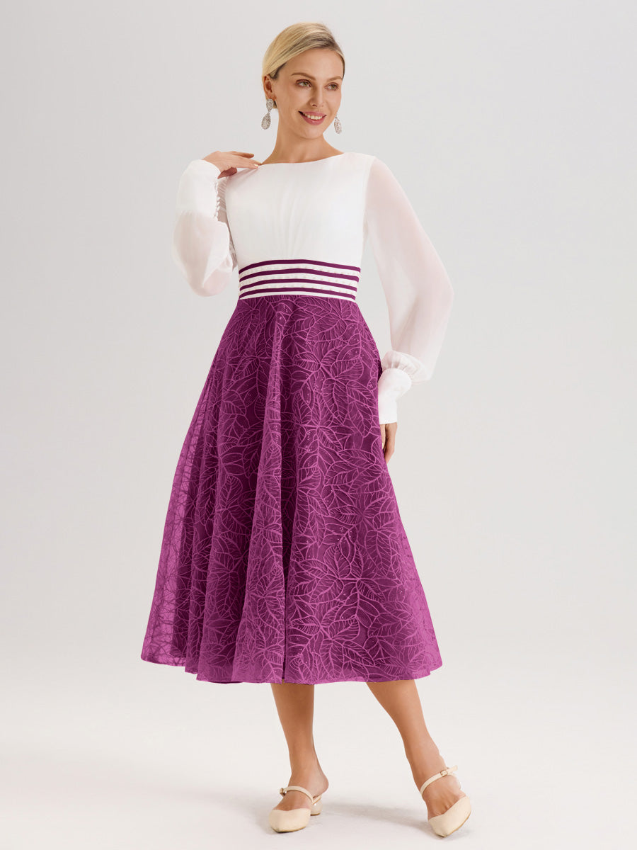 Cicinia Orchidée Robe Tendance Mère De La Mariée Col Ras Du Cou Manches Longues À Contraste En Mousseline Et Dentelle Longueur Mi-Mollet