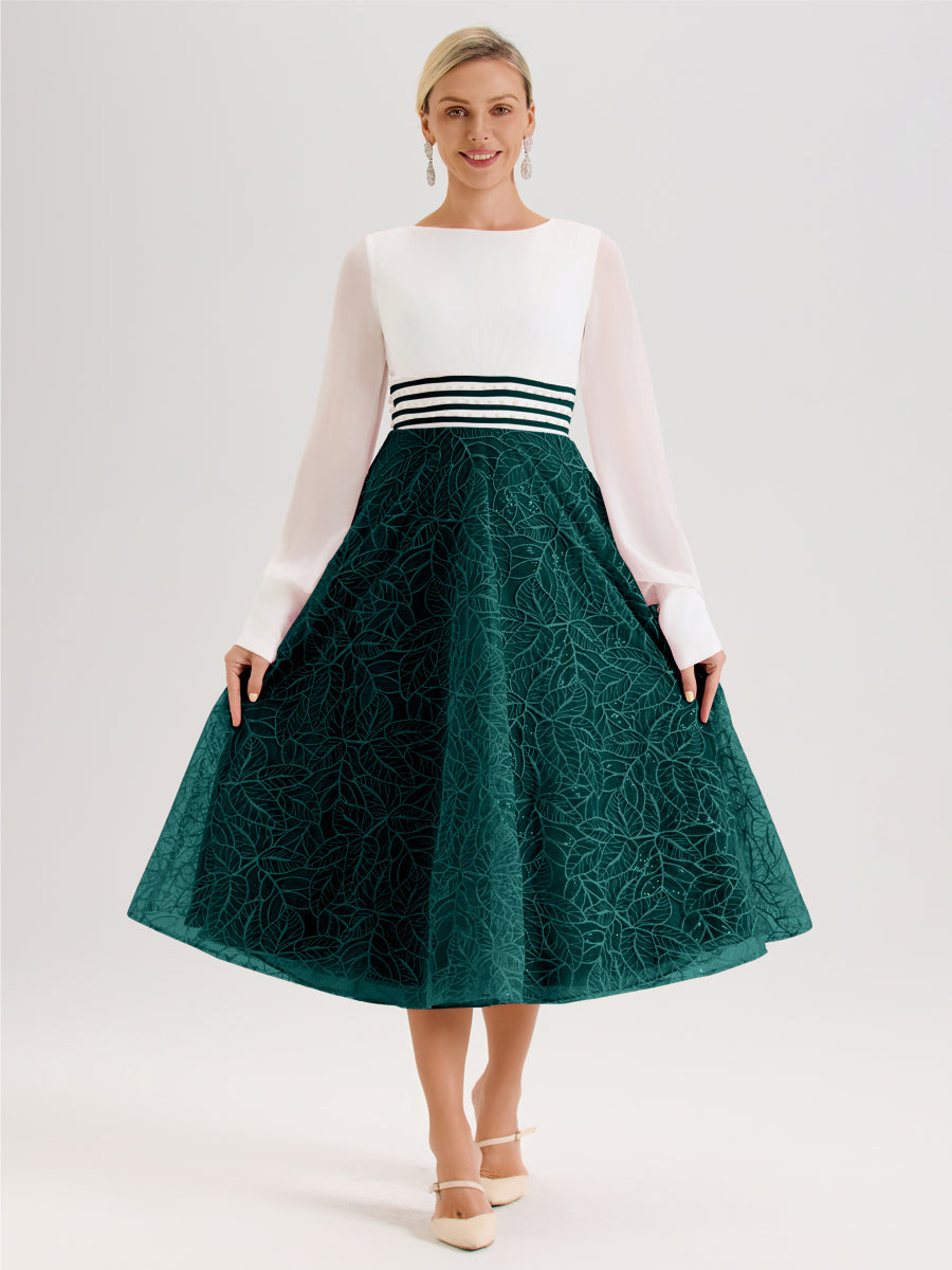 Cicinia Paon Robe Tendance Mère De La Mariée Col Ras Du Cou Manches Longues À Contraste En Mousseline Et Dentelle Longueur Mi-Mollet