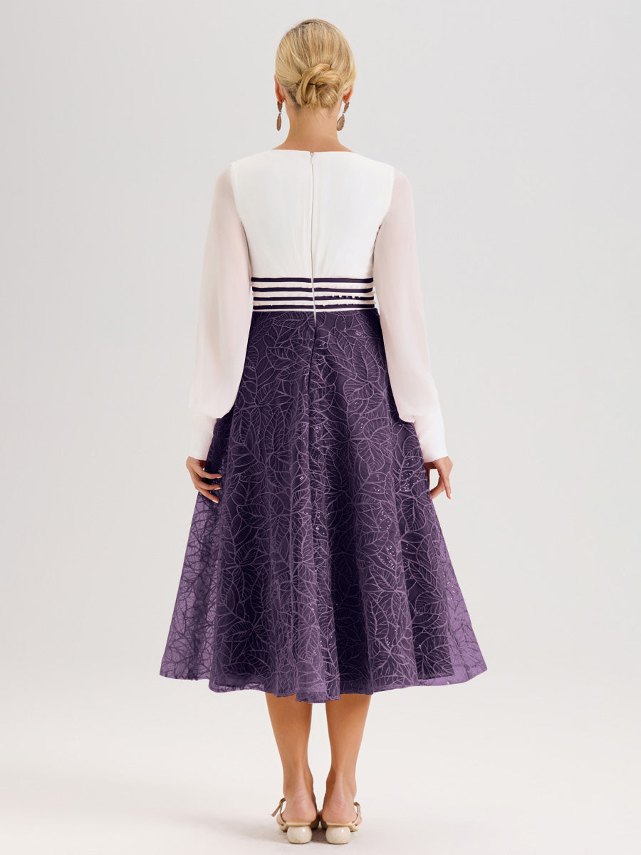 Cicinia Plum Robe Tendance Mère De La Mariée Col Ras Du Cou Manches Longues À Contraste En Mousseline Et Dentelle Longueur Mi-Mollet