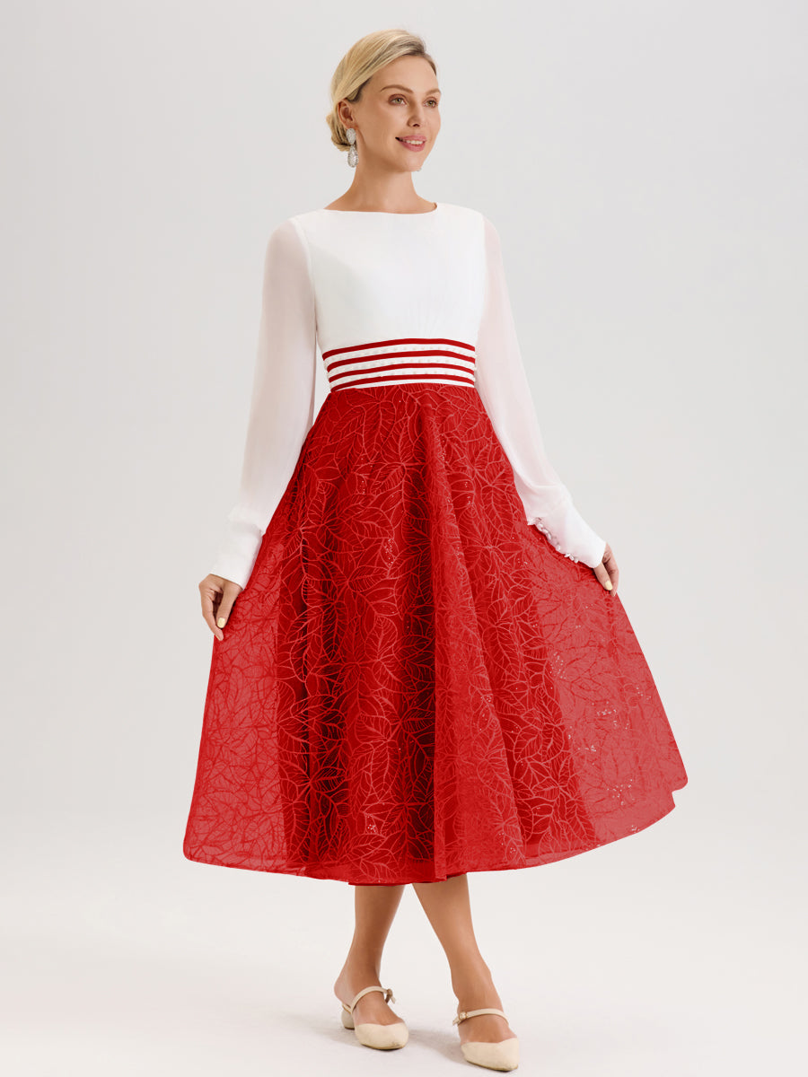 Cicinia Rouge Robe Tendance Mère De La Mariée Col Ras Du Cou Manches Longues À Contraste En Mousseline Et Dentelle Longueur Mi-Mollet