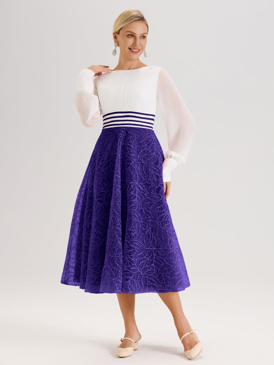Cicinia Régence Robe Tendance Mère De La Mariée Col Ras Du Cou Manches Longues À Contraste En Mousseline Et Dentelle Longueur Mi-Mollet