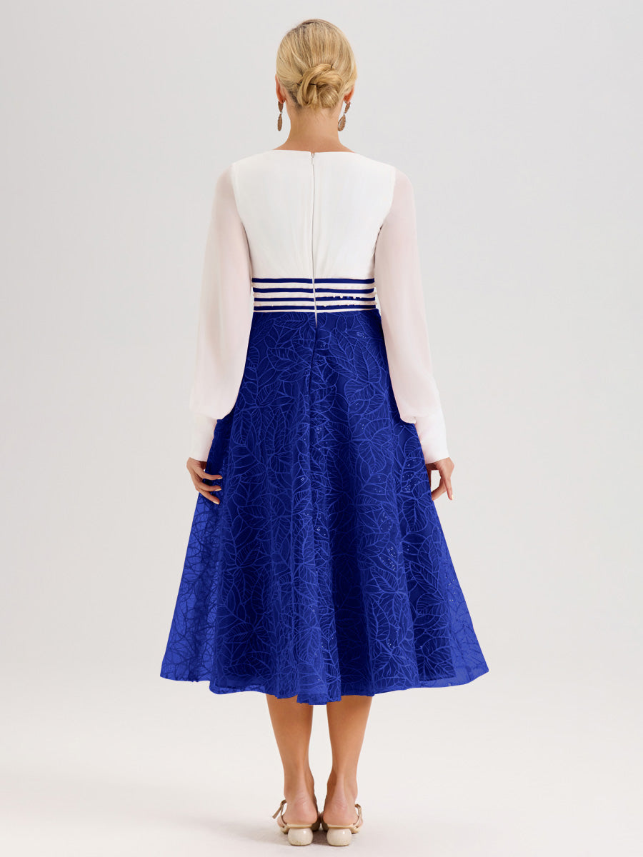 Cicinia Bleu Royale Robe Tendance Mère De La Mariée Col Ras Du Cou Manches Longues À Contraste En Mousseline Et Dentelle Longueur Mi-Mollet
