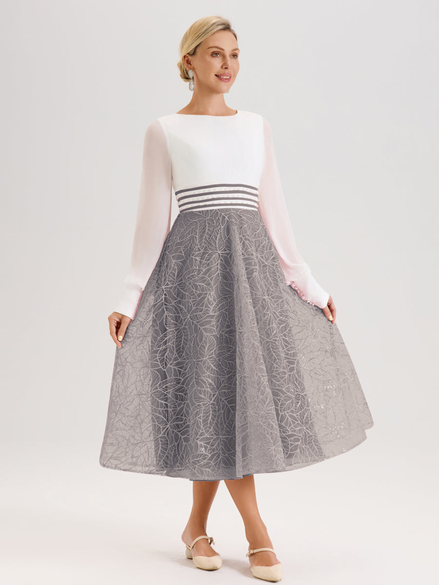 Cicinia Argent Robe Tendance Mère De La Mariée Col Ras Du Cou Manches Longues À Contraste En Mousseline Et Dentelle Longueur Mi-Mollet