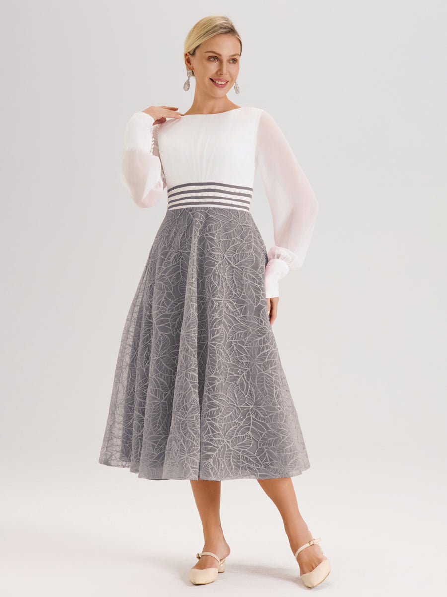 Cicinia Argent Robe Tendance Mère De La Mariée Col Ras Du Cou Manches Longues À Contraste En Mousseline Et Dentelle Longueur Mi-Mollet