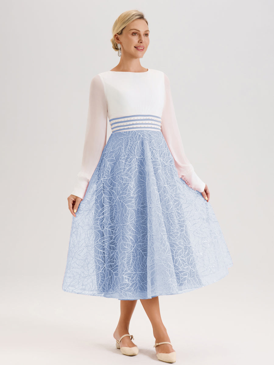Cicinia Bleu Ciel Robe Tendance Mère De La Mariée Col Ras Du Cou Manches Longues À Contraste En Mousseline Et Dentelle Longueur Mi-Mollet