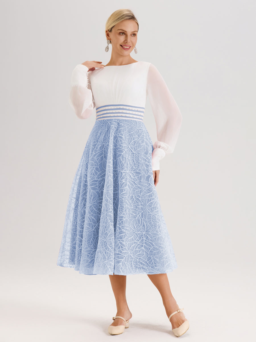 Cicinia Bleu Ciel Robe Tendance Mère De La Mariée Col Ras Du Cou Manches Longues À Contraste En Mousseline Et Dentelle Longueur Mi-Mollet