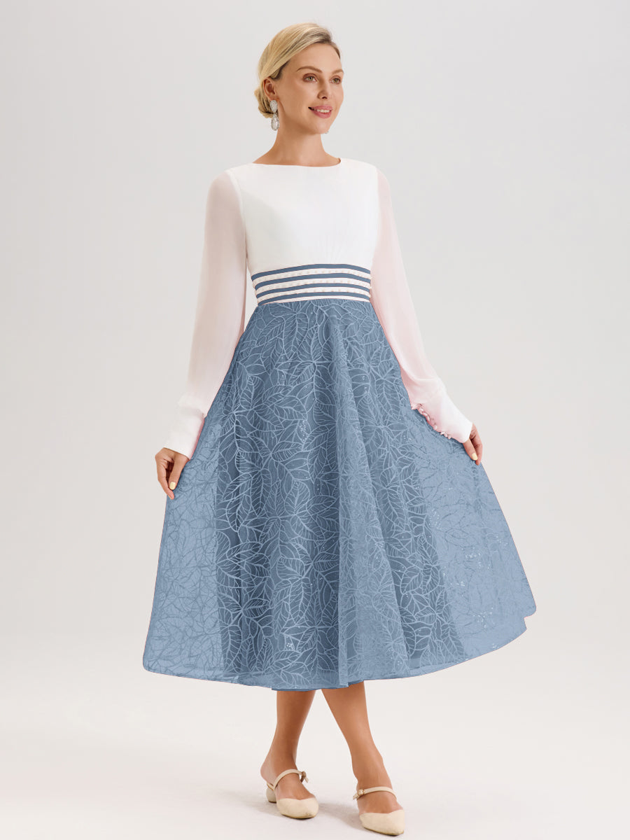 Cicinia Bleu De Schiste Robe Tendance Mère De La Mariée Col Ras Du Cou Manches Longues À Contraste En Mousseline Et Dentelle Longueur Mi-Mollet