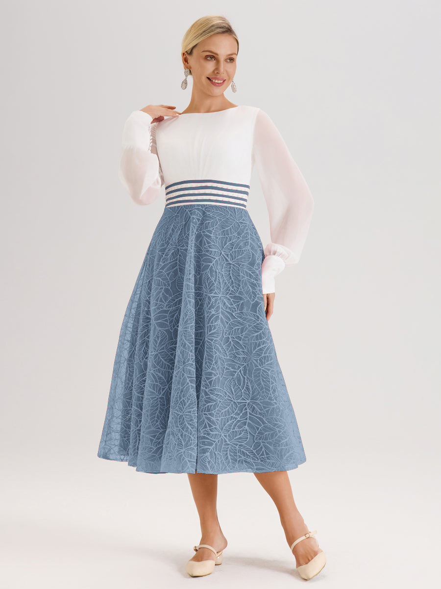 Cicinia Bleu De Schiste Robe Tendance Mère De La Mariée Col Ras Du Cou Manches Longues À Contraste En Mousseline Et Dentelle Longueur Mi-Mollet