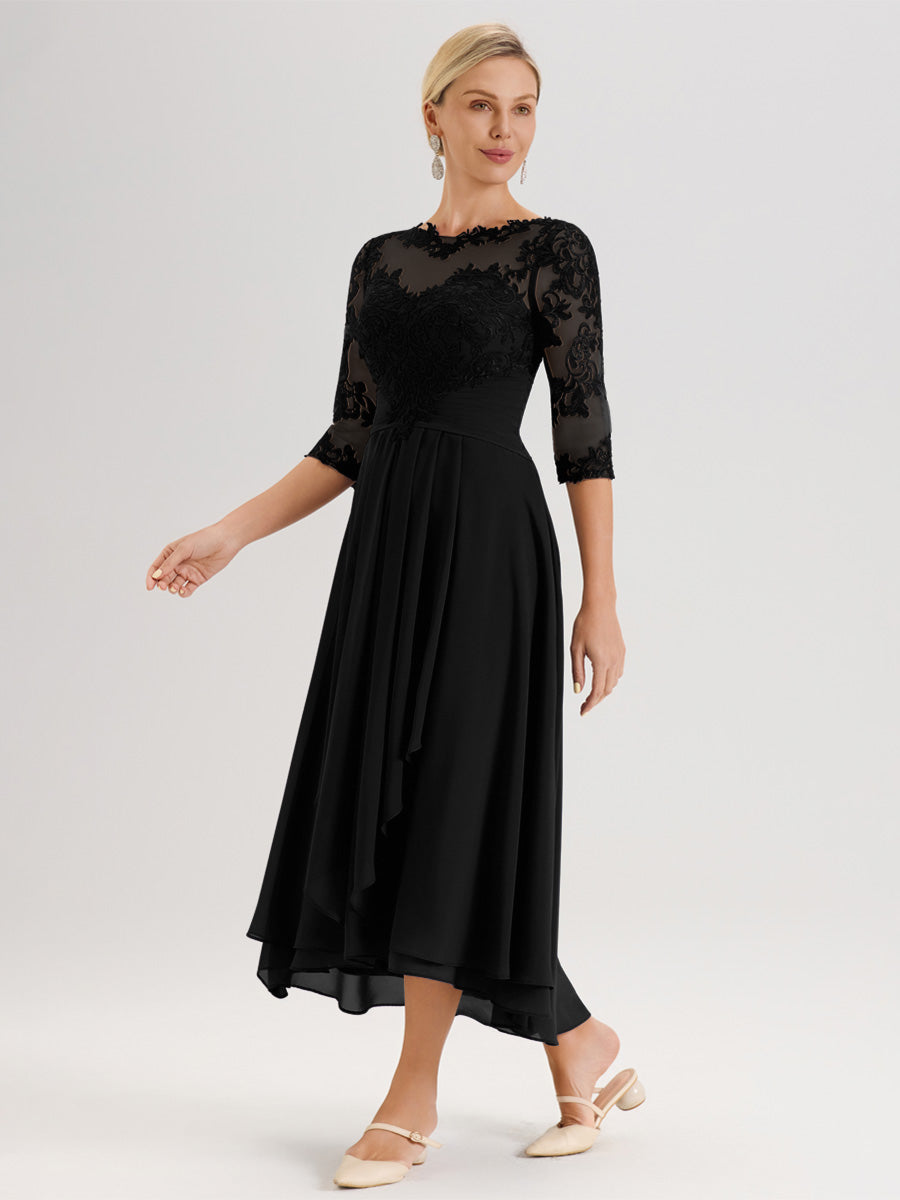 Cicinia Noir Robe Mère De La Mariée Col Ras Du Cou En Mousseline Et Dentelle Manches Trois-Quarts À Ourlet Asymétrique