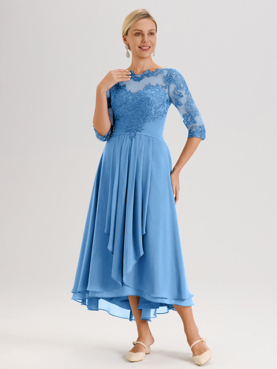 Cicinia Bleu Robe Mère De La Mariée Col Ras Du Cou En Mousseline Et Dentelle Manches Trois-Quarts À Ourlet Asymétrique
