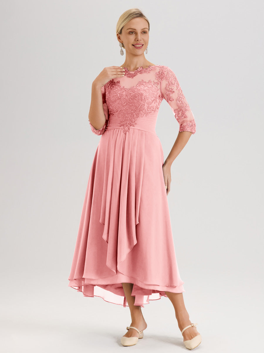 Cicinia Rose Robe Mère De La Mariée Col Ras Du Cou En Mousseline Et Dentelle Manches Trois-Quarts À Ourlet Asymétrique
