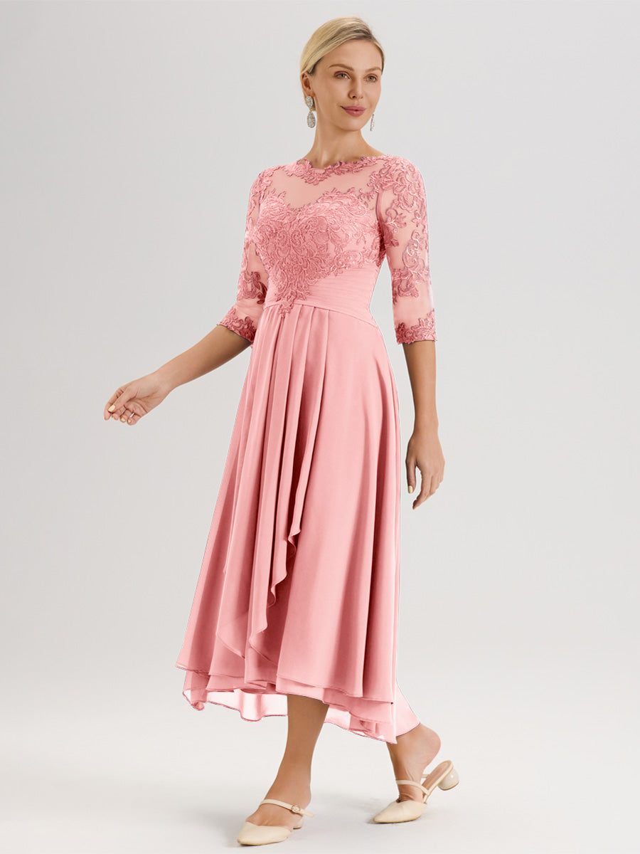 Cicinia Rose Robe Mère De La Mariée Col Ras Du Cou En Mousseline Et Dentelle Manches Trois-Quarts À Ourlet Asymétrique
