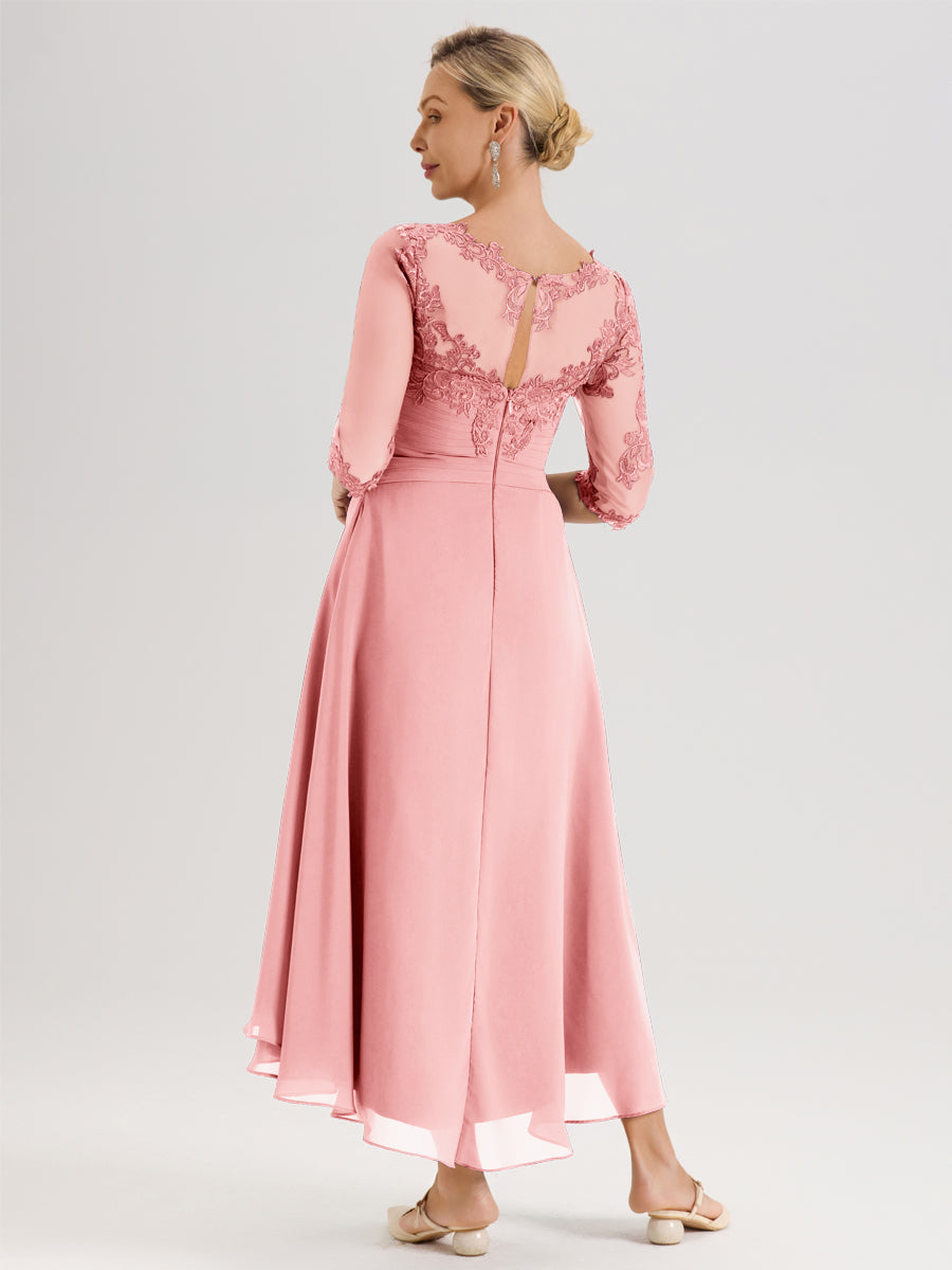 Cicinia Rose Robe Mère De La Mariée Col Ras Du Cou En Mousseline Et Dentelle Manches Trois-Quarts À Ourlet Asymétrique