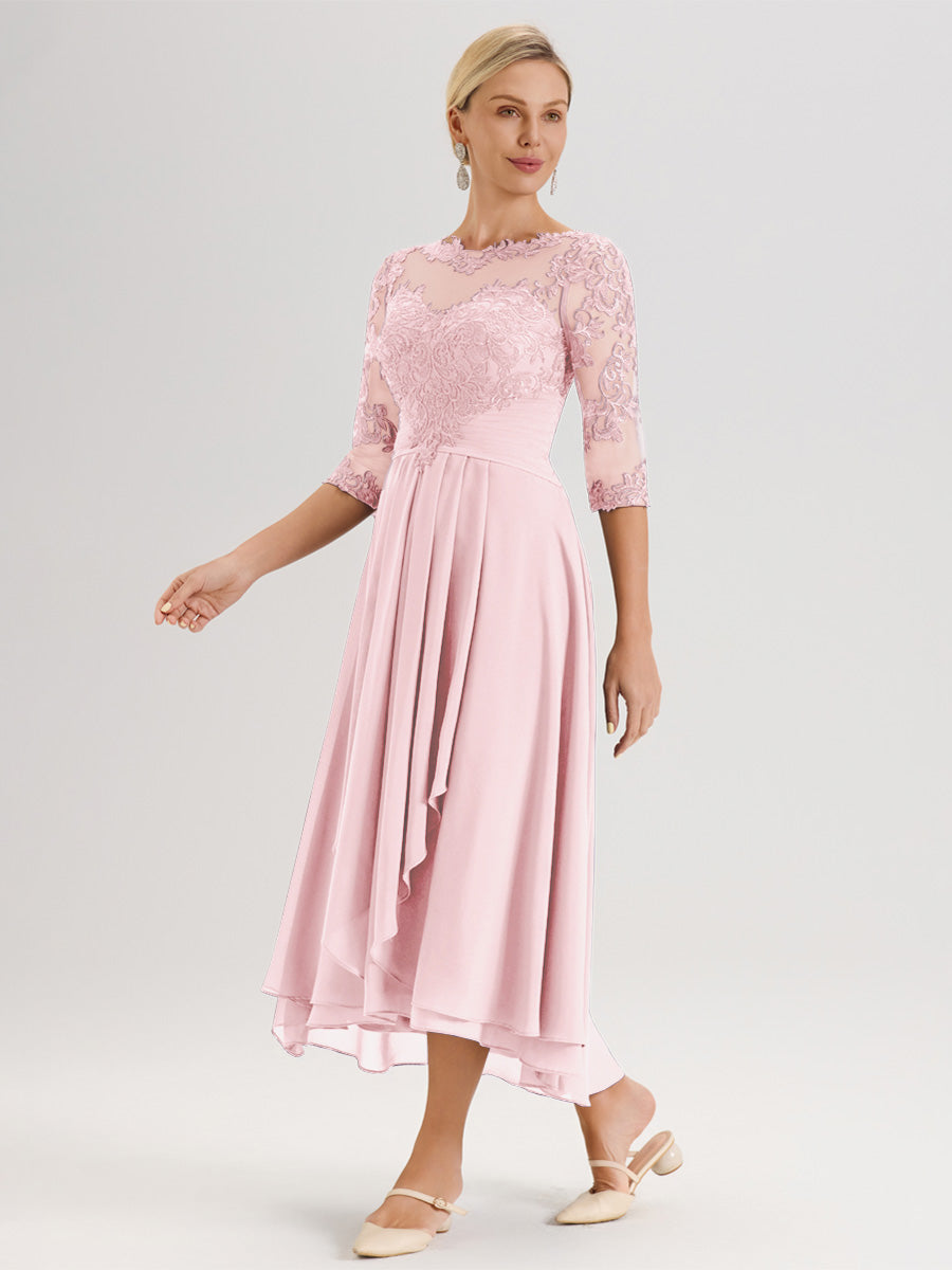 Cicinia Rose Pâle Robe Mère De La Mariée Col Ras Du Cou En Mousseline Et Dentelle Manches Trois-Quarts À Ourlet Asymétrique