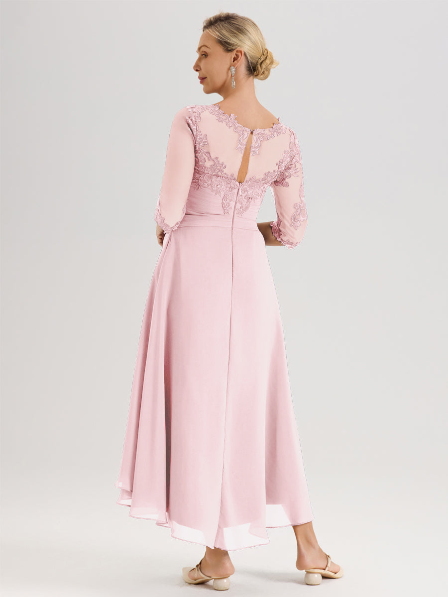 Cicinia Rose Pâle Robe Mère De La Mariée Col Ras Du Cou En Mousseline Et Dentelle Manches Trois-Quarts À Ourlet Asymétrique