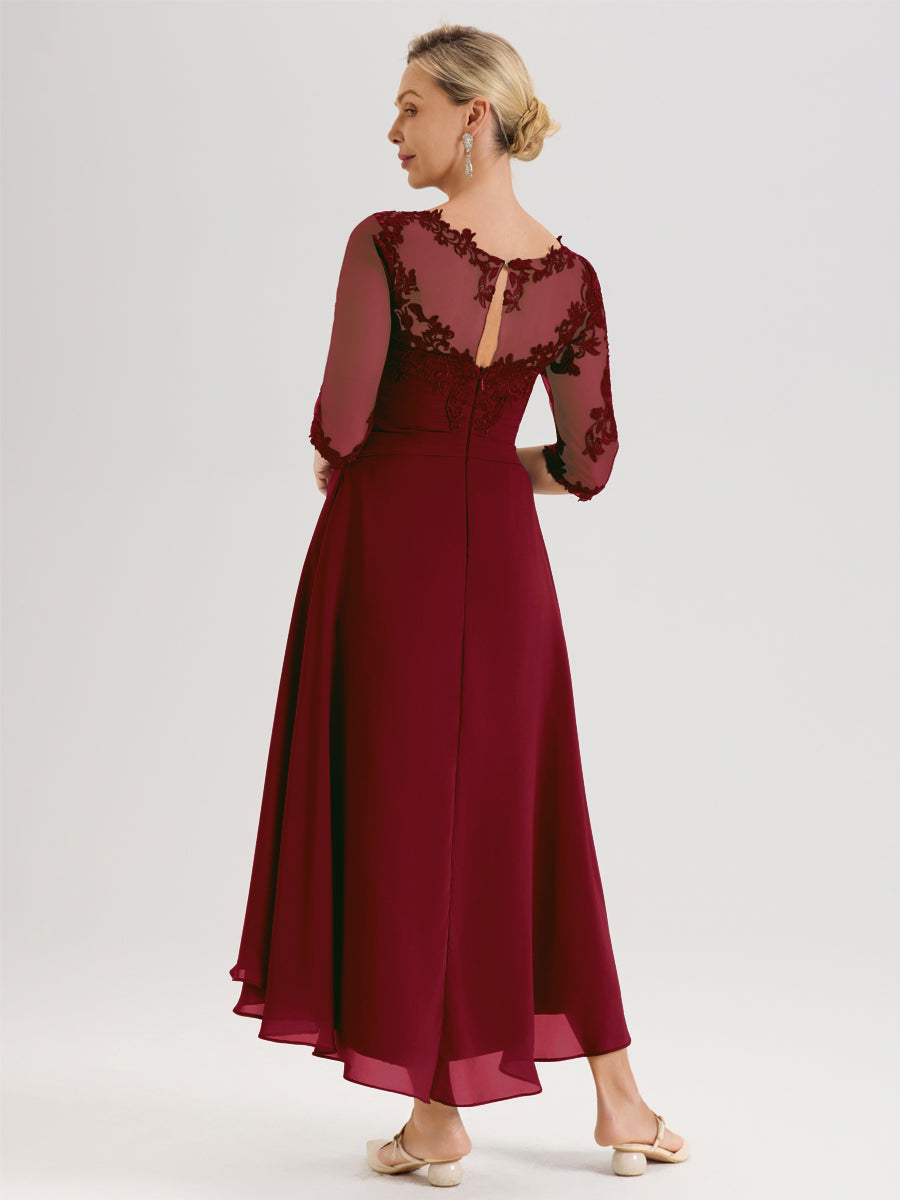 Cicinia Bordeaux Robe Mère De La Mariée Col Ras Du Cou En Mousseline Et Dentelle Manches Trois-Quarts À Ourlet Asymétrique