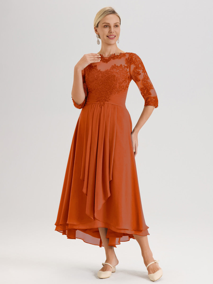 Cicinia Orange Brûlé Robe Mère De La Mariée Col Ras Du Cou En Mousseline Et Dentelle Manches Trois-Quarts À Ourlet Asymétrique