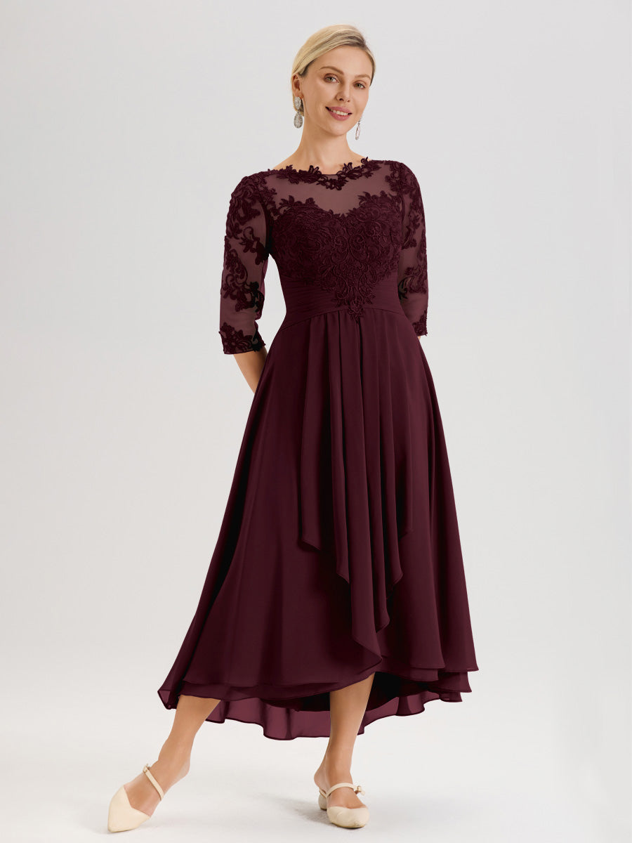 Cicinia Cabernet Robe Mère De La Mariée Col Ras Du Cou En Mousseline Et Dentelle Manches Trois-Quarts À Ourlet Asymétrique