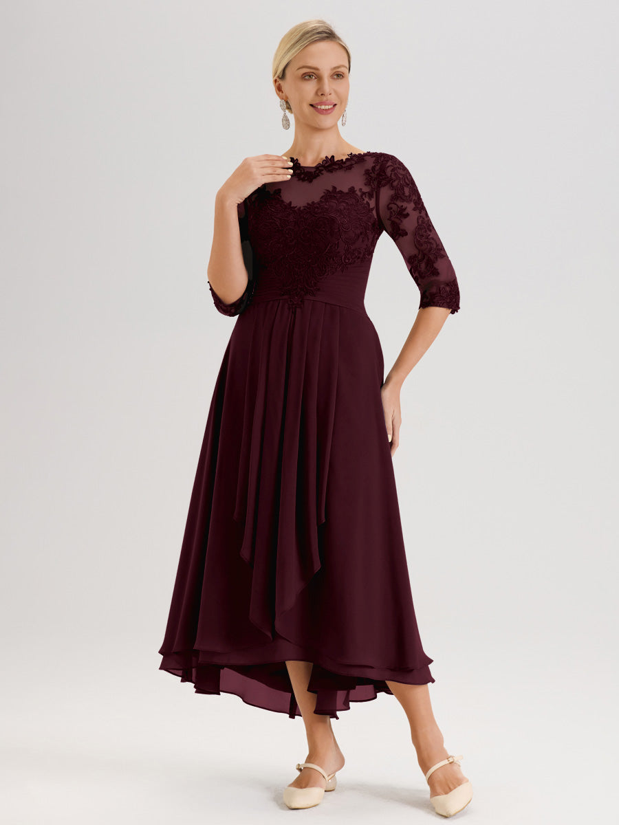 Cicinia Cabernet Robe Mère De La Mariée Col Ras Du Cou En Mousseline Et Dentelle Manches Trois-Quarts À Ourlet Asymétrique
