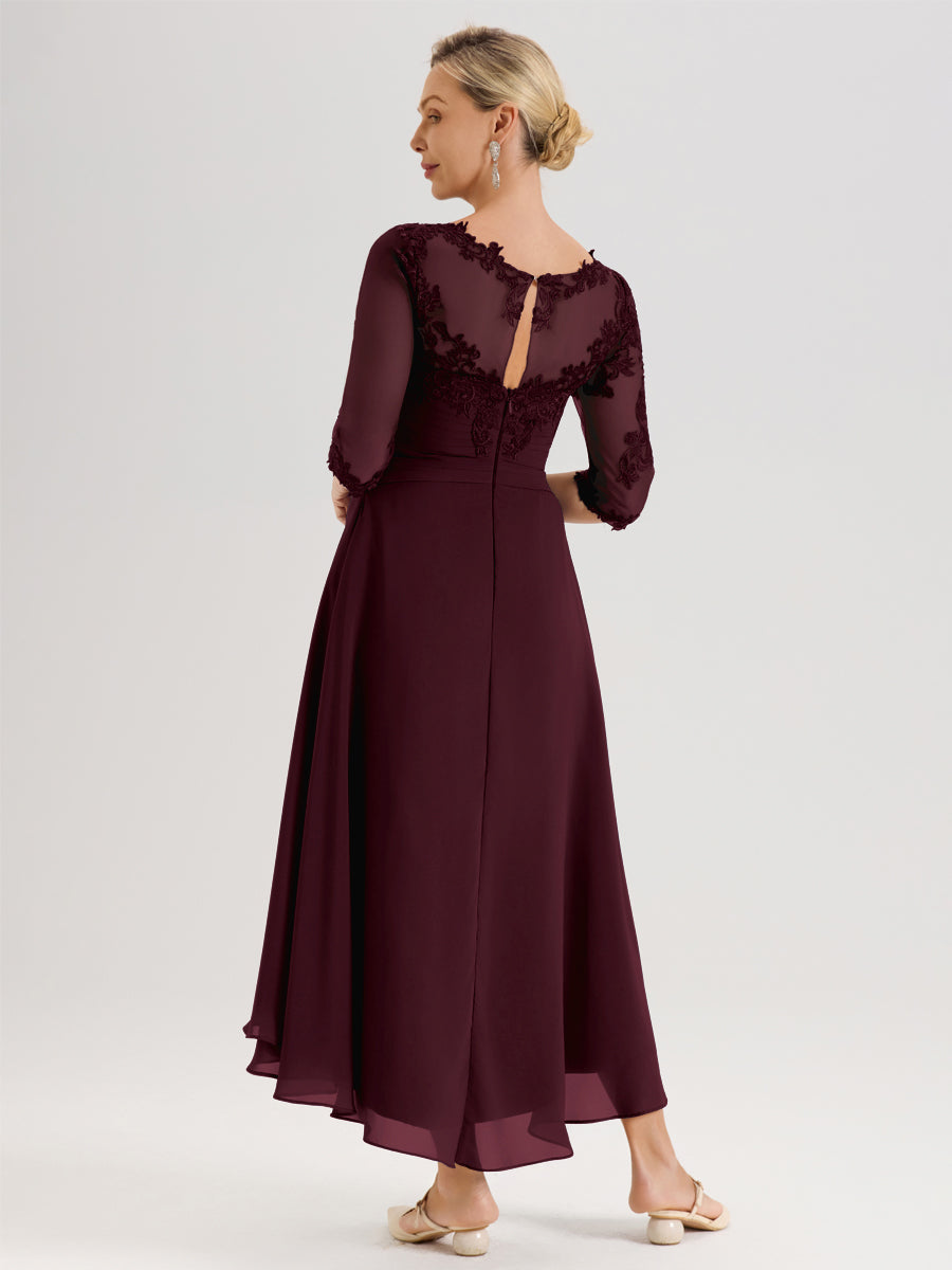 Cicinia Cabernet Robe Mère De La Mariée Col Ras Du Cou En Mousseline Et Dentelle Manches Trois-Quarts À Ourlet Asymétrique