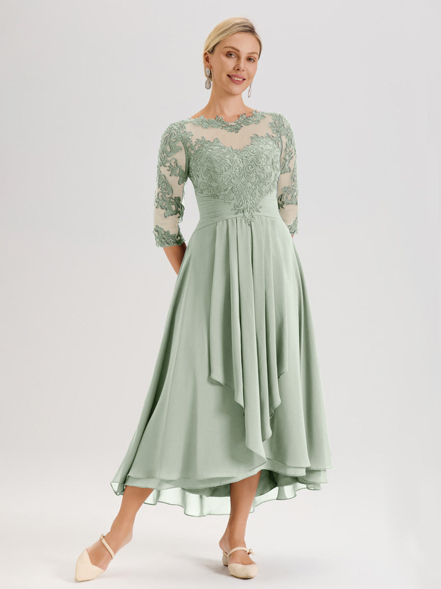Cicinia Celadon Robe Mère De La Mariée Col Ras Du Cou En Mousseline Et Dentelle Manches Trois-Quarts À Ourlet Asymétrique