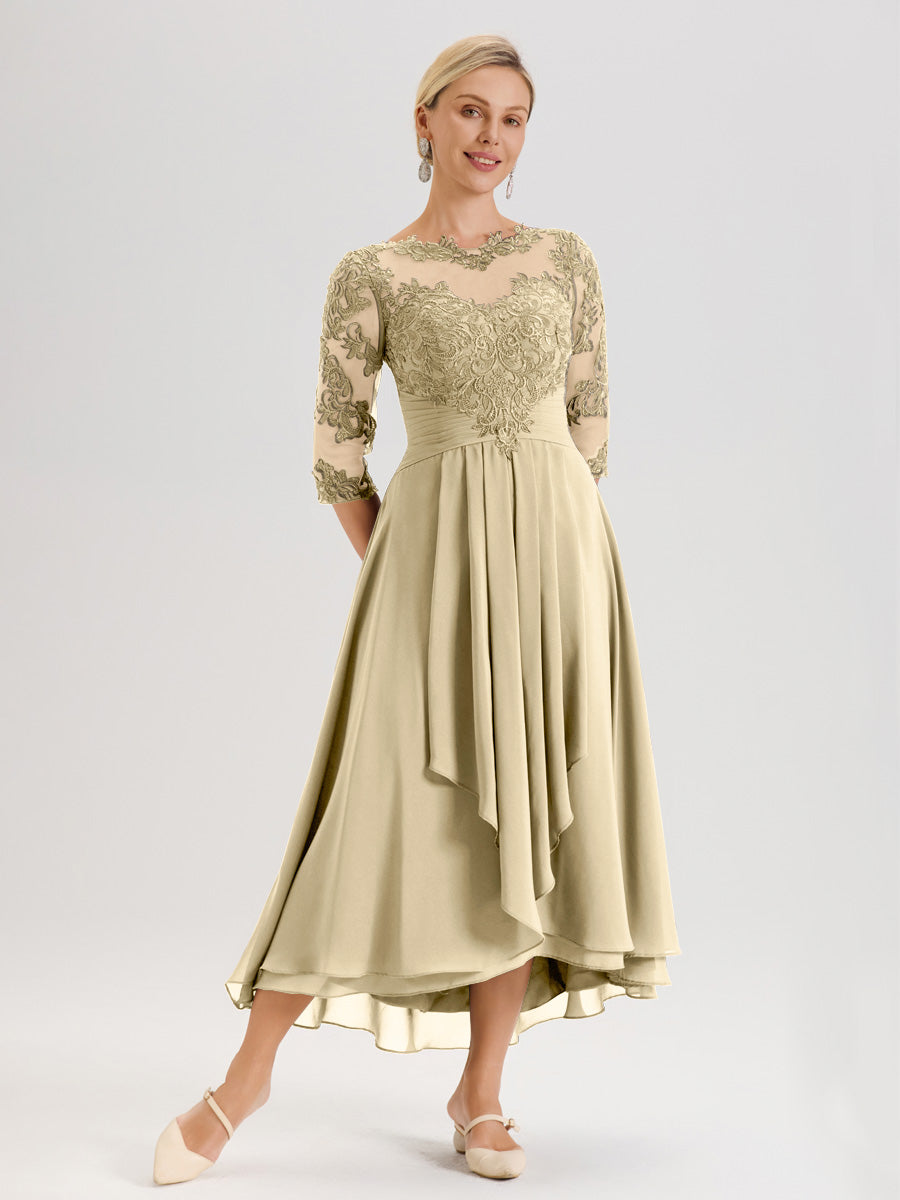 Cicinia Champagne Robe Mère De La Mariée Col Ras Du Cou En Mousseline Et Dentelle Manches Trois-Quarts À Ourlet Asymétrique