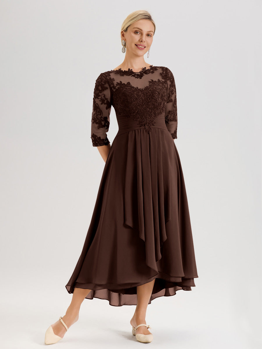 Cicinia Chocolat Robe Mère De La Mariée Col Ras Du Cou En Mousseline Et Dentelle Manches Trois-Quarts À Ourlet Asymétrique