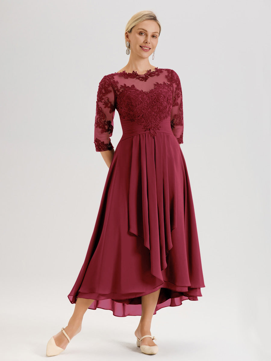 Cicinia Rose Cannelle Robe Mère De La Mariée Col Ras Du Cou En Mousseline Et Dentelle Manches Trois-Quarts À Ourlet Asymétrique
