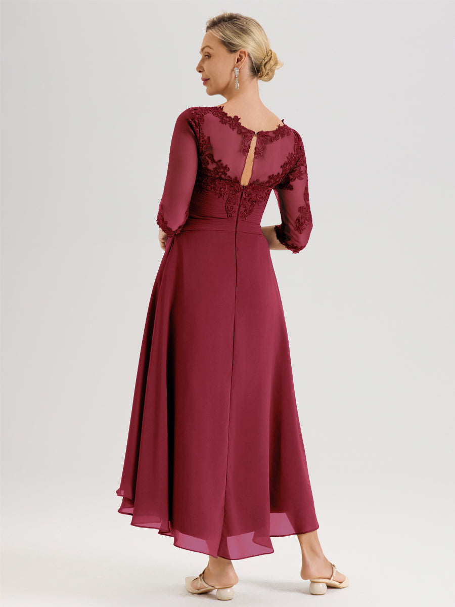 Cicinia Rose Cannelle Robe Mère De La Mariée Col Ras Du Cou En Mousseline Et Dentelle Manches Trois-Quarts À Ourlet Asymétrique