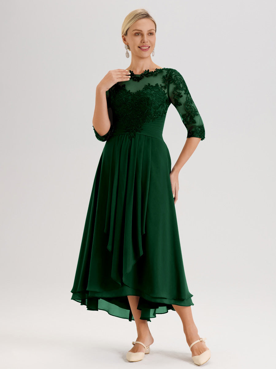 Cicinia Vert Foncé Robe Mère De La Mariée Col Ras Du Cou En Mousseline Et Dentelle Manches Trois-Quarts À Ourlet Asymétrique
