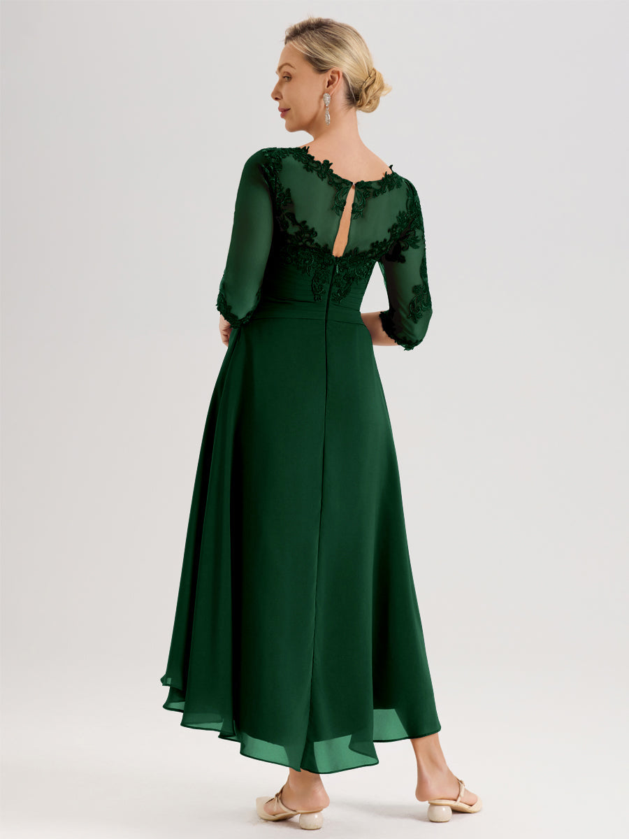 Cicinia Vert Foncé Robe Mère De La Mariée Col Ras Du Cou En Mousseline Et Dentelle Manches Trois-Quarts À Ourlet Asymétrique