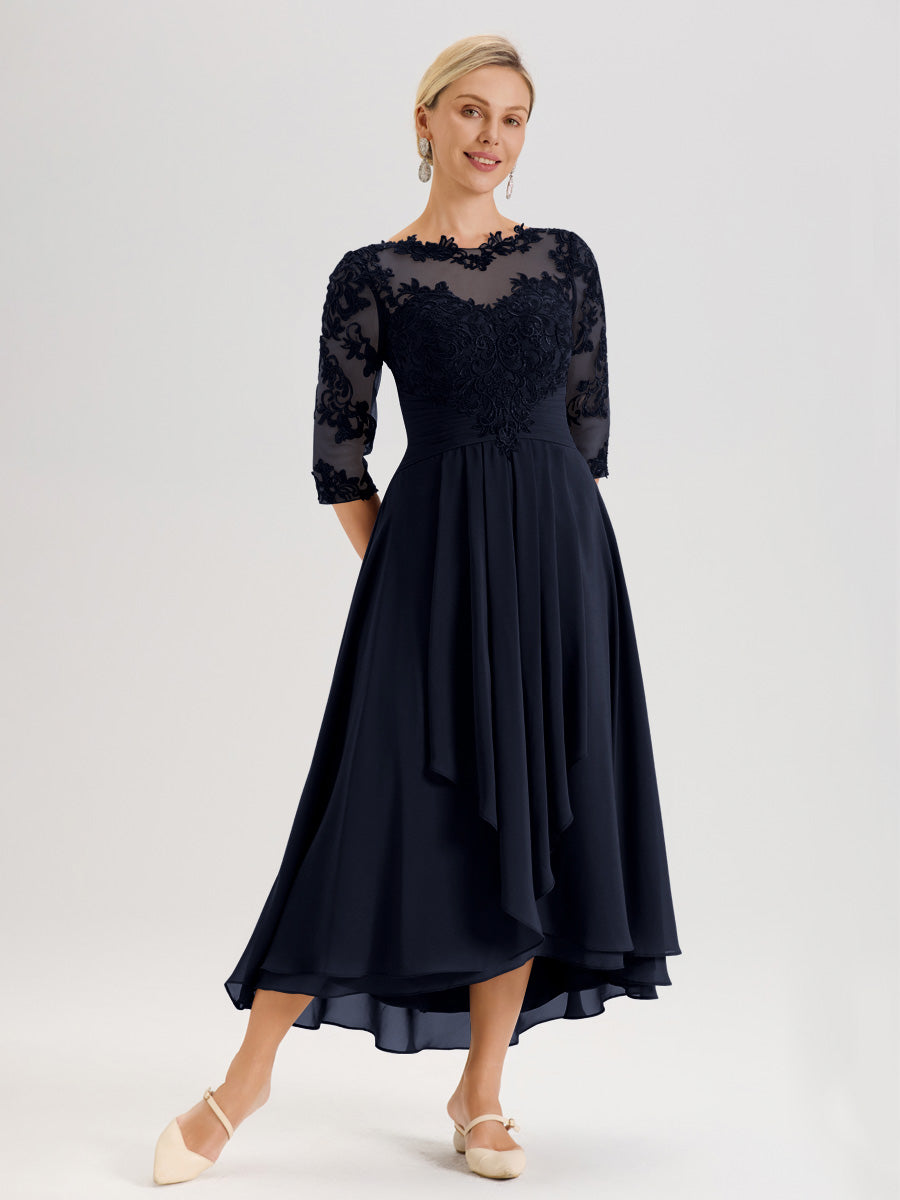 Cicinia Bleu Marine Robe Mère De La Mariée Col Ras Du Cou En Mousseline Et Dentelle Manches Trois-Quarts À Ourlet Asymétrique