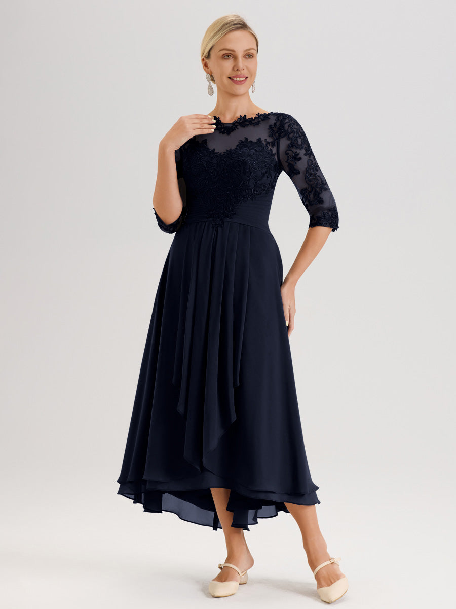 Cicinia Bleu Marine Robe Mère De La Mariée Col Ras Du Cou En Mousseline Et Dentelle Manches Trois-Quarts À Ourlet Asymétrique